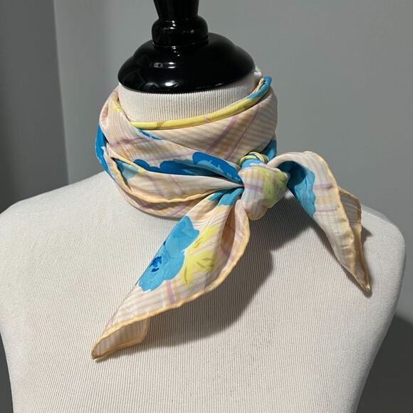 Vintage Peach, Pink, Blue, Yellow Silky Square Scarf 30.5" x 31.5" - Picture 2 of 8